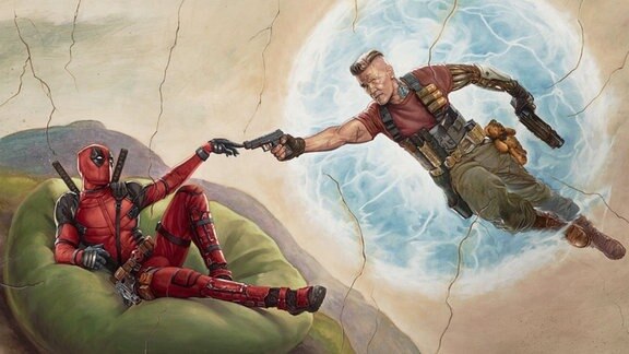 Nachstellung von Michelangelos berühmten Gemäldes "Die Erschaffung Adams" mit Deadpool als Adam und Oberschurke Cable als Gottvater.