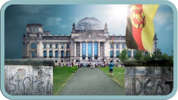 Mauer im Vordergrund, rechts die DDR-Flagge, im Hintergrund der Bundestag.