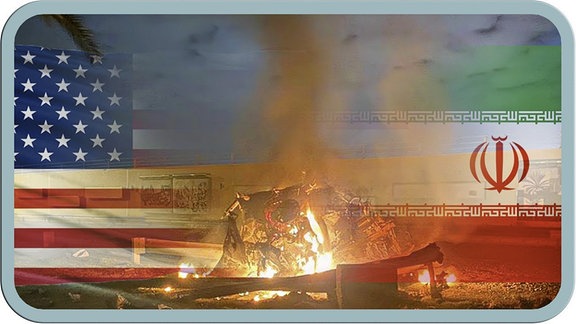 Rechts die US-Flagge, links die iranische. Dazwischen ein Scheiterhaufen.