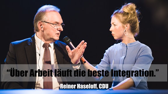 Reiner Haseloff (CDU) und SPUTNIKerin Sissy vor der Landtagswahl.