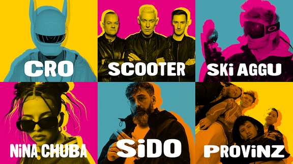 Eine Collage aus sechs Acts in knallbunten Farben. Darauf zu sehen: Cro, Scooter, Ski Aggu, Nina Chuba, Sido, Provinz.