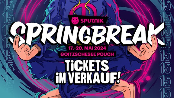 Auf einem Comic-ähnlichen Hintergrund in den Farben lila, blau und pink steht der Schriftzug SPUTNIK SPRING BREAK - Tickets im Verkauf.