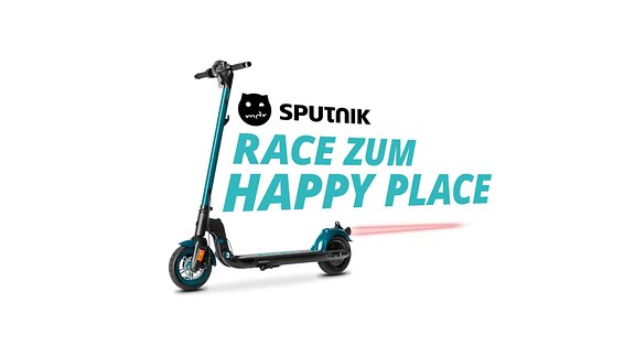 Es ist ein E-Scooter zu sehen. Daneben steht der Titel: MDR Sputnik Race zum Happy Place. 