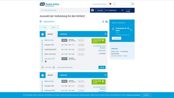 Ein Screenshot von der Seite der Tschechischen Bahn zu sehen, der Angebote für die Zugfahrt von Halle nach Hamburg zeigt für den Preis von umgerechnet rund 44 Euro. 