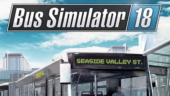 Der Schriftzug "Bus Simulator 18" über einem Bus.
