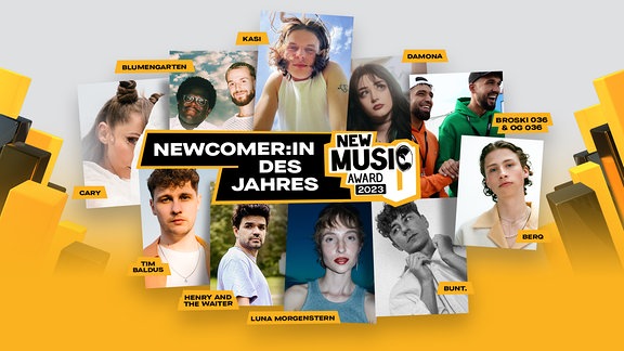 Eine Collage aus 10 Fotos von Music-Acts. Dazu der Schriftzug: New Music Award 2023: Newcomer*innen des Jahres