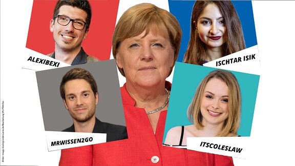 Collage Kanzlerin Merkel und YouTuber (AlexiBexi, Ischtar Isik, MrWissen2go und ItsColeslaw