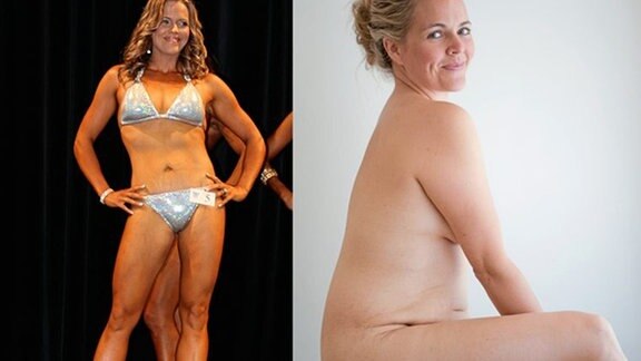 Taryn Brumfitt schlank bei einem Schönheitswettbewerb und nach ihrer Schwangerschaft mit etwas mehr Kilos.