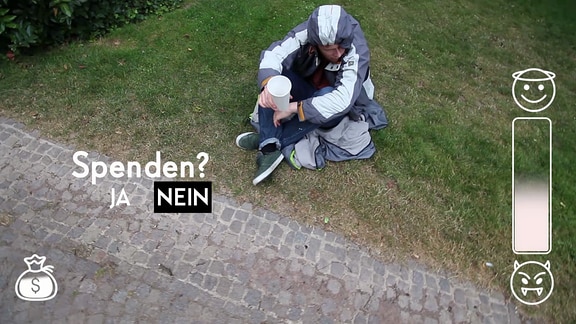 Screenshot aus dem Videoclip. Ein Bettler sitzt auf dem Boden, auf dem BIld ist eine virtuelle Einblendung "Spenden ? Ja - nein" zu sehen.