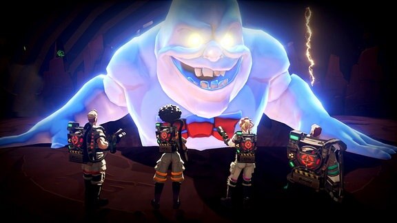 Szene aus dem Spiel "Ghostbusters" für PS4 und Xbox One: Vier Geisterjäger stehen vor einem blau leuchtenden Geist mit funkelnden Augen.