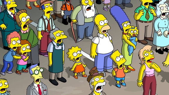 Mehrere Figuren der Simpsons stehen auf der Straße und blicken mit offenen Mündern nach oben. Sie sind offenbar schockiert.