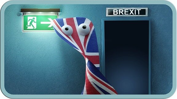 Eine britische Fahne will durch eine Tür gehen. Über der Tür das Schild Brexit.